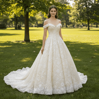 Champagne Lace off-the-shoulder Wedding Gown Bride Dress - Rosymae