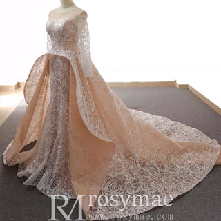 Champagne Mermaid Lace Long Sleeve Keyhole Wedding Dress - Rosymae