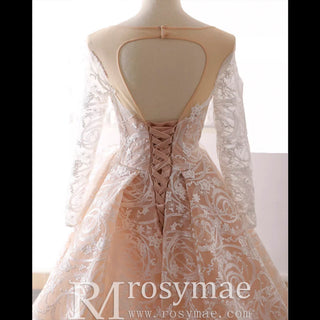 Champagne Mermaid Lace Long Sleeve Keyhole Wedding Dress - Rosymae