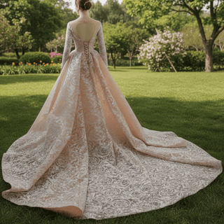 Champagne Mermaid Lace Long Sleeve Keyhole Wedding Dress - Rosymae