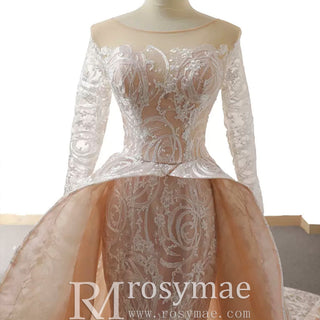 Champagne Mermaid Lace Long Sleeve Keyhole Wedding Dress - Rosymae