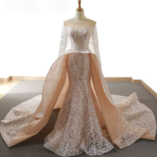 Champagne Mermaid Lace Long Sleeve Keyhole Wedding Dress - Rosymae