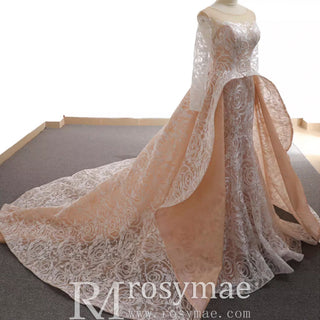 Champagne Mermaid Lace Long Sleeve Keyhole Wedding Dress - Rosymae