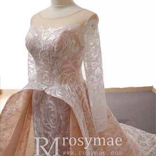 Champagne Mermaid Lace Long Sleeve Keyhole Wedding Dress - Rosymae