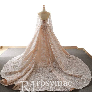 Champagne Mermaid Lace Long Sleeve Keyhole Wedding Dress - Rosymae