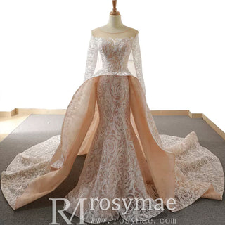 Champagne Mermaid Lace Long Sleeve Keyhole Wedding Dress - Rosymae