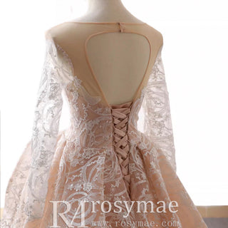 Champagne Mermaid Lace Long Sleeve Keyhole Wedding Dress - Rosymae