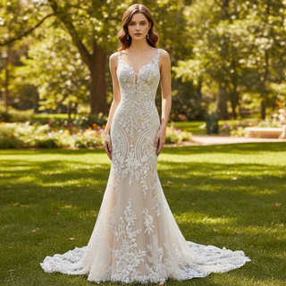 Elegant Mermaid Tulle Lace Wedding Dress with Spaghetti Strap