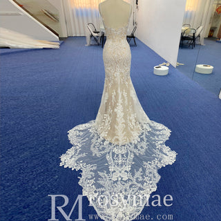 Elegant Mermaid Tulle Lace Wedding Dress with Spaghetti Strap