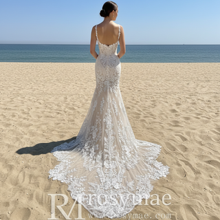 Elegant Mermaid Tulle Lace Wedding Dress with Spaghetti Strap