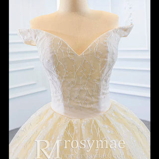Champagne Off the Shoulder Ball Gown Wedding Dress - Rosymae