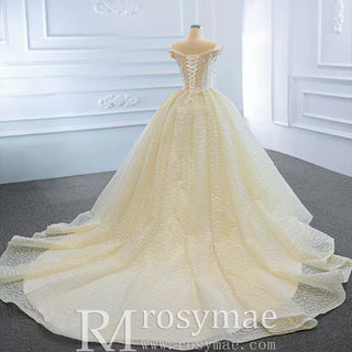 Champagne Off the Shoulder Ball Gown Wedding Dress - Rosymae