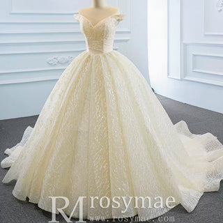Champagne Off the Shoulder Ball Gown Wedding Dress - Rosymae