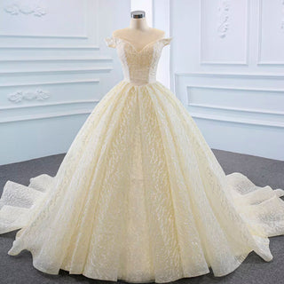 Champagne Off the Shoulder Ball Gown Wedding Dress - Rosymae