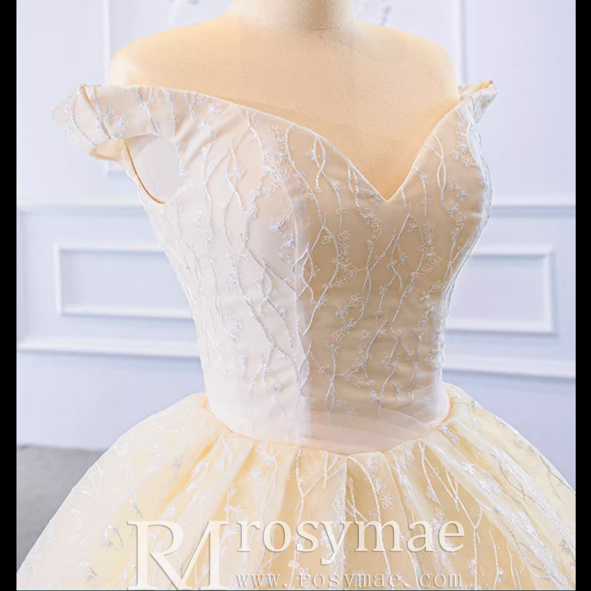 Champagne Off the Shoulder Ball Gown Wedding Dress - Rosymae