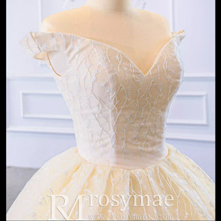 Champagne Off the Shoulder Ball Gown Wedding Dress - Rosymae