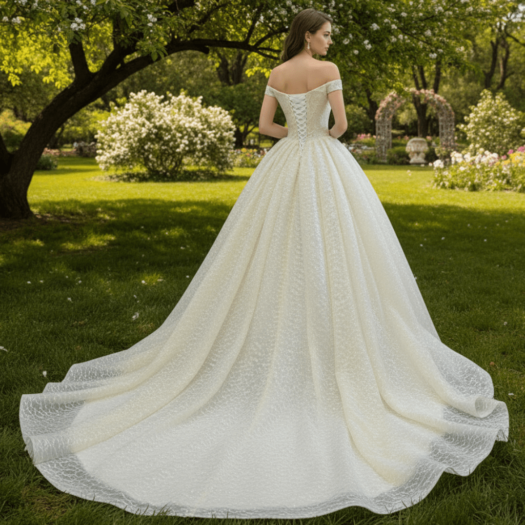 Champagne Off the Shoulder Ball Gown Wedding Dress - Rosymae