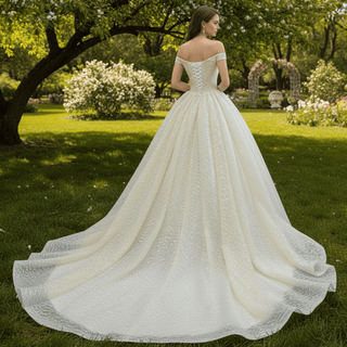 Champagne Off the Shoulder Ball Gown Wedding Dress - Rosymae