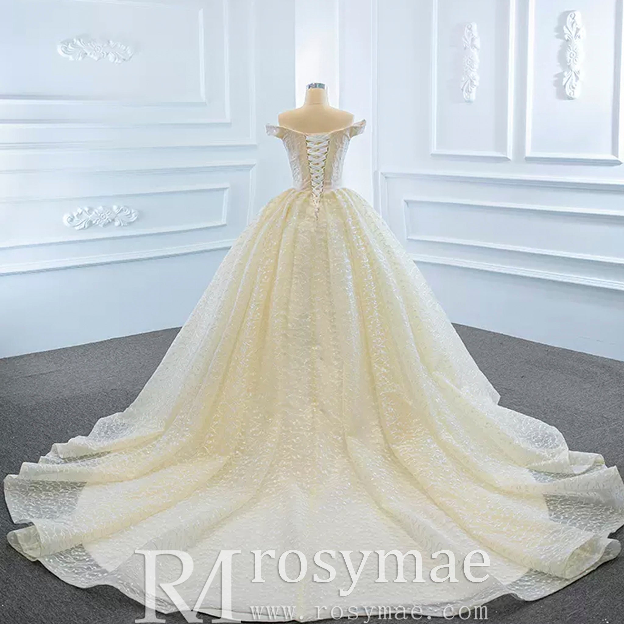 Champagne Off the Shoulder Ball Gown Wedding Dress - Rosymae