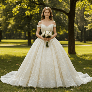 Champagne Off the Shoulder Ball Gown Wedding Dress - Rosymae