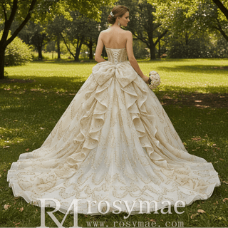 Champagne Quinceañera Ball Gown with Gold Detailing and Detachable Puff Sleeves - Rosymae