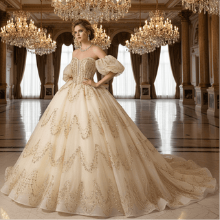 Champagne Quinceañera Ball Gown with Gold Detailing and Detachable Puff Sleeves - Rosymae