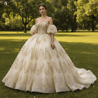 Champagne Quinceañera Ball Gown with Gold Detailing and Detachable Puff Sleeves - Rosymae