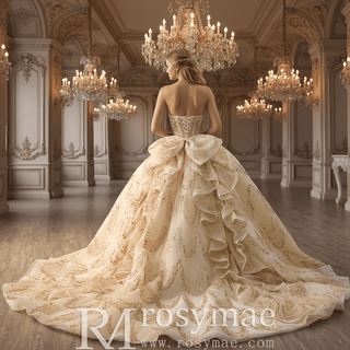 Champagne Quinceañera Ball Gown with Gold Detailing and Detachable Puff Sleeves - Rosymae