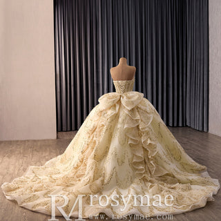 Champagne Quinceañera Ball Gown with Gold Detailing and Detachable Puff Sleeves - Rosymae