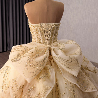 Champagne Quinceañera Ball Gown with Gold Detailing and Detachable Puff Sleeves - Rosymae