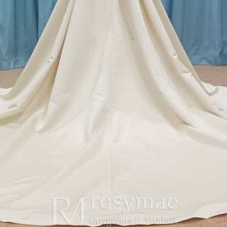 Off the Shoulder A-line Champagne Satin Wedding Dress with V Neck