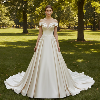 Off the Shoulder A-line Champagne Satin Wedding Dress with V Neck
