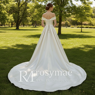 Off the Shoulder A-line Champagne Satin Wedding Dress with V Neck