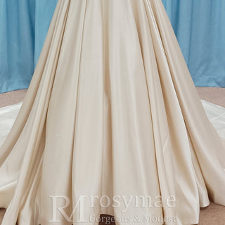 Off the Shoulder A-line Champagne Satin Wedding Dress with V Neck