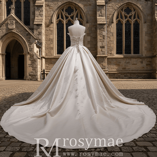 Champagne Satin Ball Gown Wedding Dress with Ruffle and Feather Neck - Rosymae