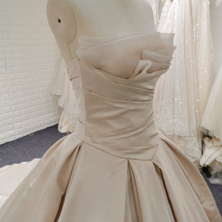 Champagne Satin Ball Gown Wedding Dress with Ruffle and Feather Neck - Rosymae