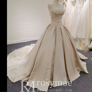 Champagne Satin Ball Gown Wedding Dress with Ruffle and Feather Neck - Rosymae