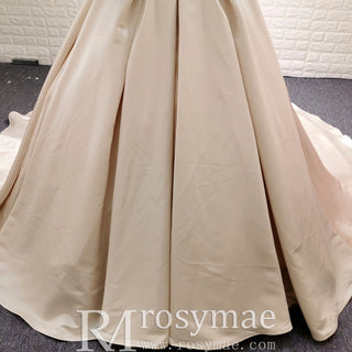 Champagne Satin Ball Gown Wedding Dress with Ruffle and Feather Neck - Rosymae
