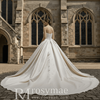Champagne Satin Ball Gown Wedding Dress with Ruffle and Feather Neck - Rosymae