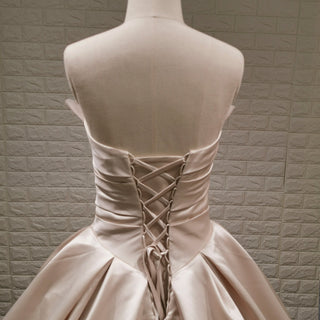Champagne Satin Ball Gown Wedding Dress with Ruffle and Feather Neck - Rosymae