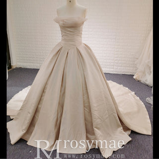 Champagne Satin Ball Gown Wedding Dress with Ruffle and Feather Neck - Rosymae