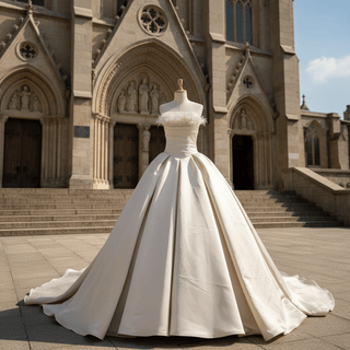 Champagne Satin Ball Gown Wedding Dress with Ruffle and Feather Neck - Rosymae