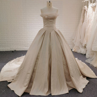 Champagne Satin Ball Gown Wedding Dress with Ruffle and Feather Neck - Rosymae