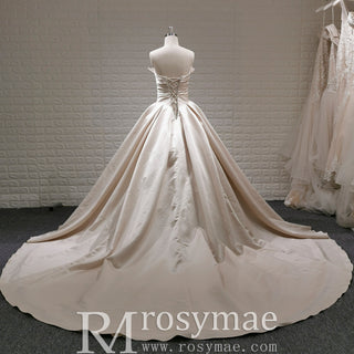 Champagne Satin Ball Gown Wedding Dress with Ruffle and Feather Neck - Rosymae