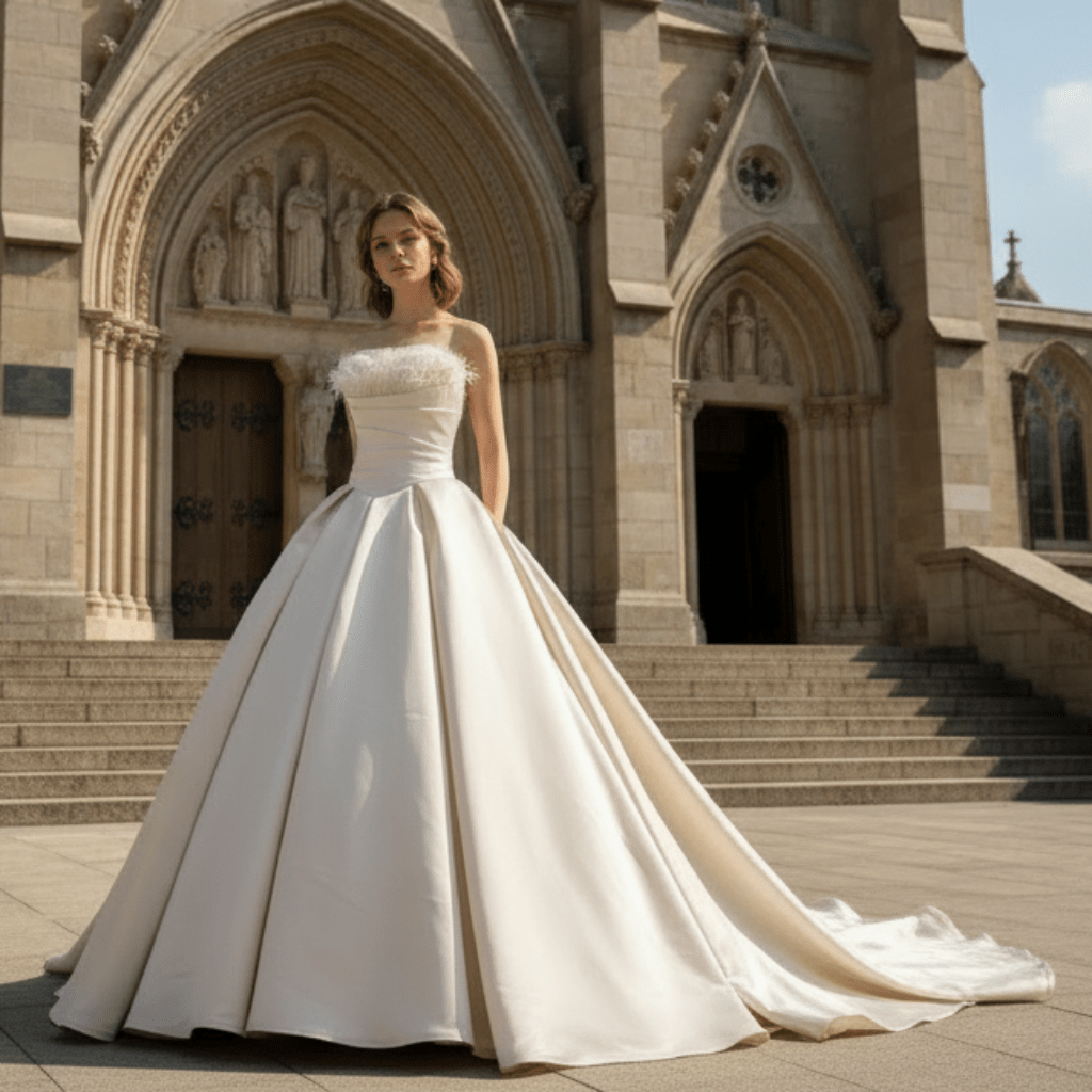Champagne Satin Ball Gown Wedding Dress with Ruffle and Feather Neck Ivory / 26W