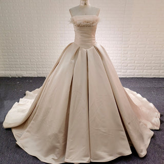 Champagne Satin Ball Gown Wedding Dress with Ruffle and Feather Neck - Rosymae
