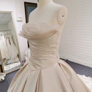 Champagne Satin Ball Gown Wedding Dress with Ruffle and Feather Neck - Rosymae