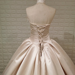 Champagne Satin Ball Gown Wedding Dress with Ruffle and Feather Neck - Rosymae