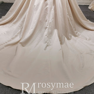 Champagne Satin Ball Gown Wedding Dress with Ruffle and Feather Neck - Rosymae