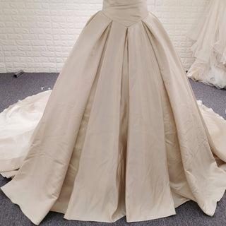 Champagne Satin Ball Gown Wedding Dress with Ruffle and Feather Neck - Rosymae